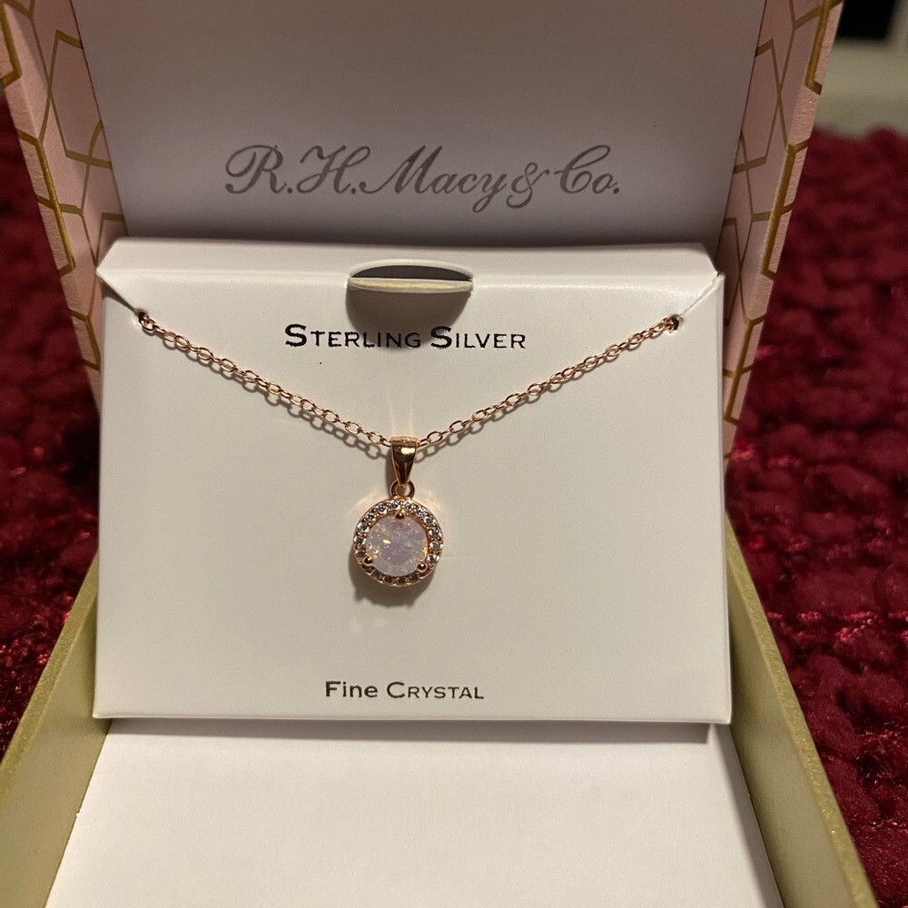 R.H.Macy & Co Sterling silver rose gold tone with fine crystal pendant necklace