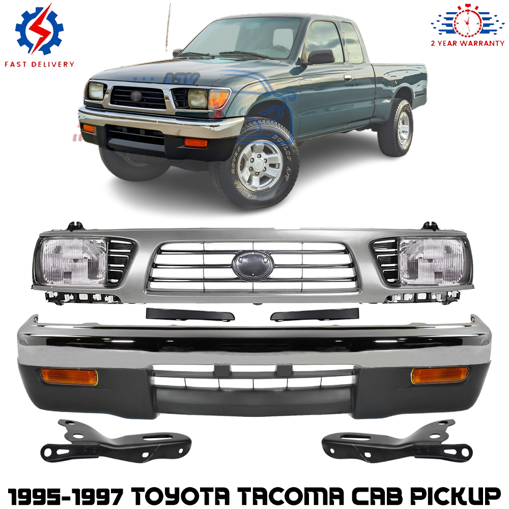 Front Bumper Chrome Steel & Headlight Assembly Kit For 1995-1997 Toyota Tacoma
