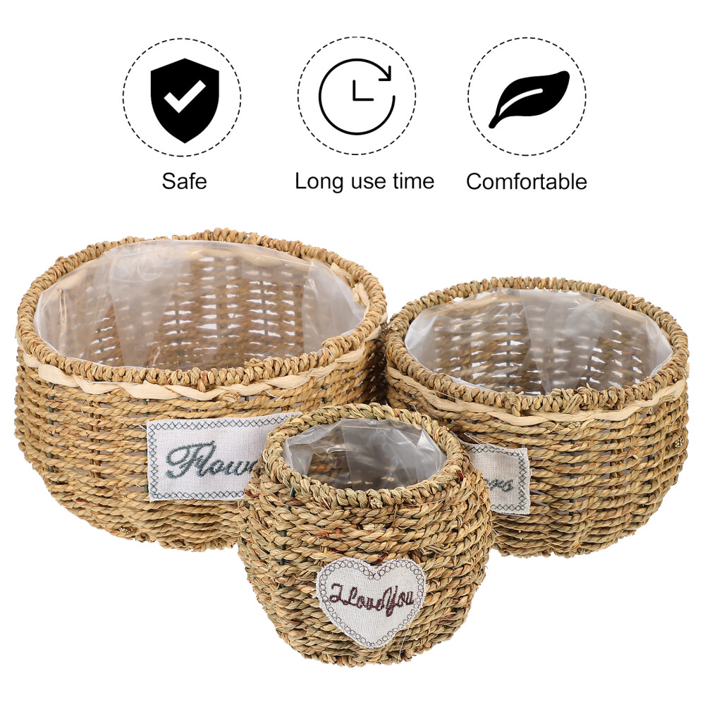 3 PCS Straw Flower Basket Fruit Wicker Storage Retro Decor Indoor Plants