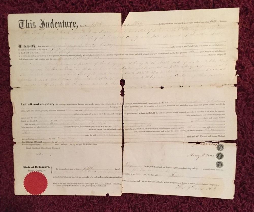Indenture Delaware 1866 Signed Official Red Seal Stamp John Send & Wife Mercy