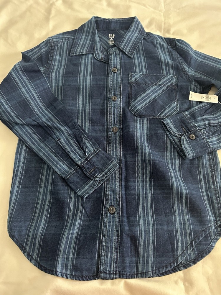 Gap Denim Kids Boy’s Long Sleeve Plaid Pattern Denim Button Up Shirt M (8) NWT