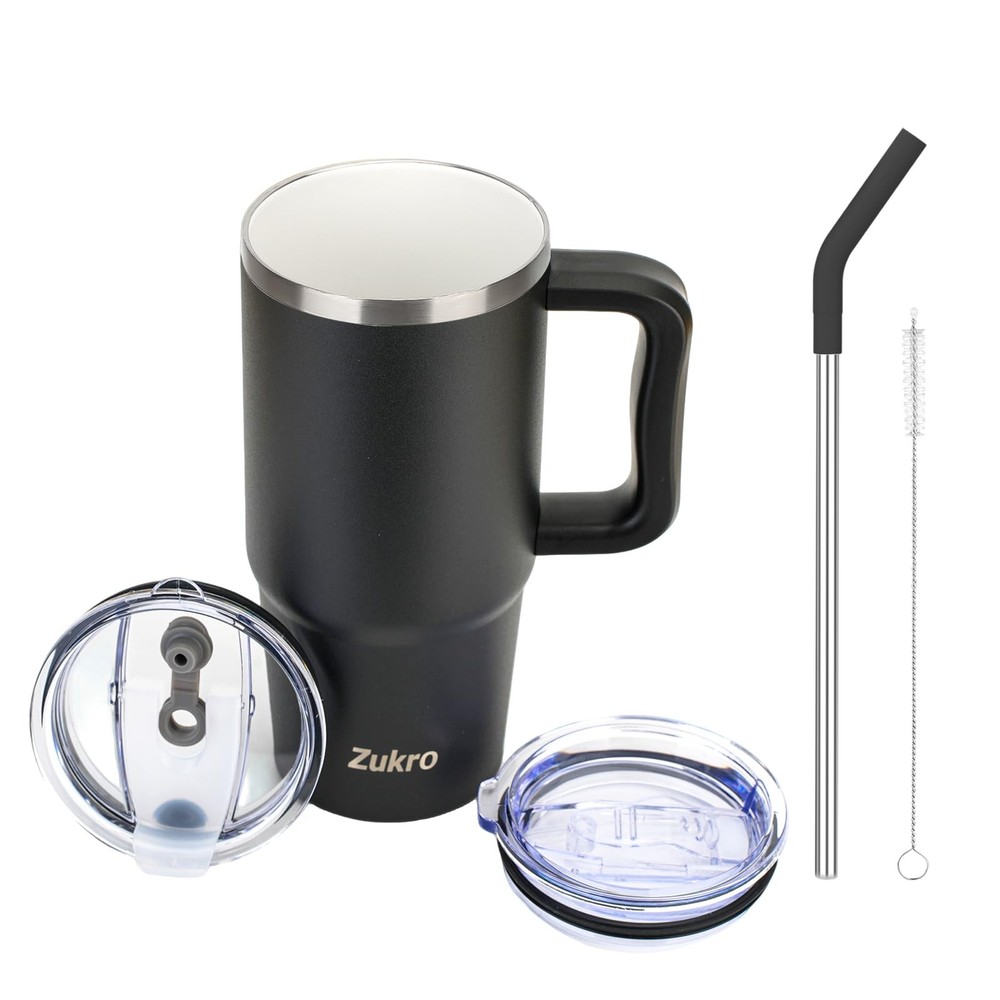 24oz Insulated Ceramic Tumbler with Handle Straw No Metallic Aftertaste