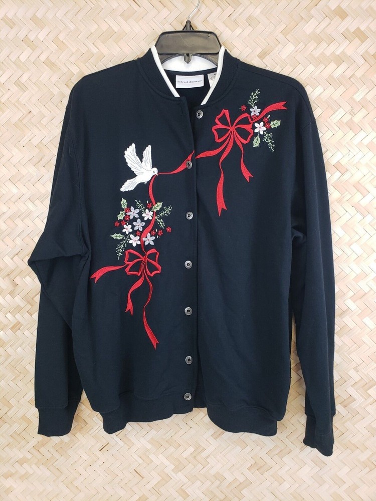 Alfred Dunner Embroidered Christmas Bomber Sweater with Bird Ribbon Design Size Medium