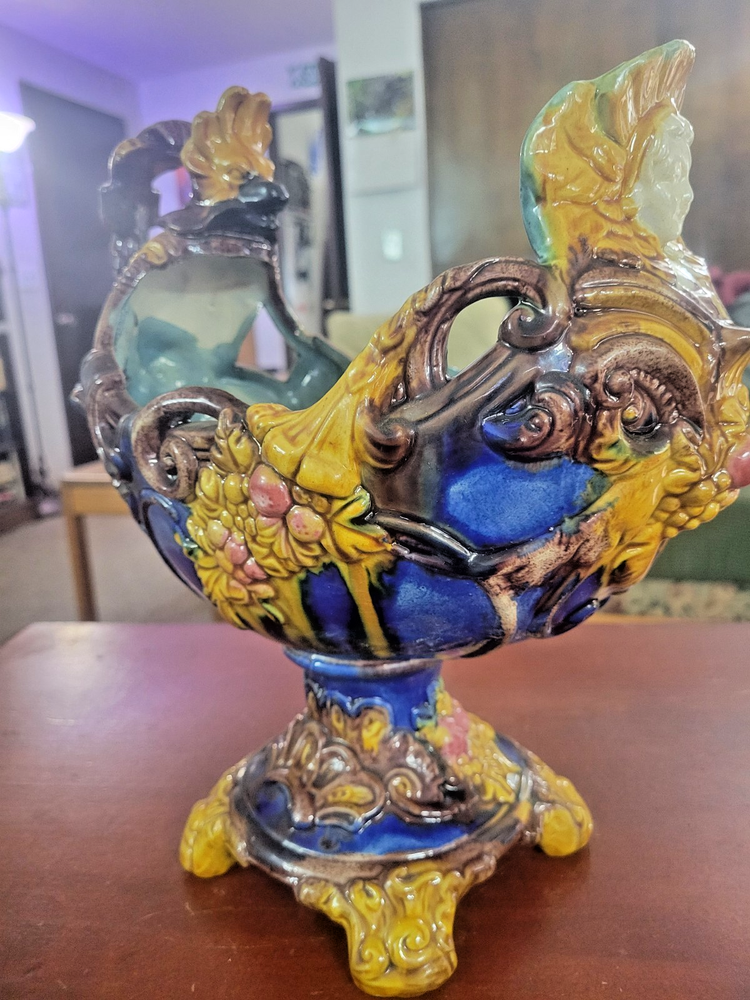 Antique Art Nouveau Barbotine Majolica Goddess Dragon Cache Planter Centerpiece