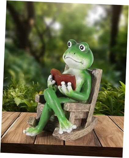 Miniature Solar-Powered Frog Reading Book Resin Statue with Light - 5.5 Inch Chair Decor