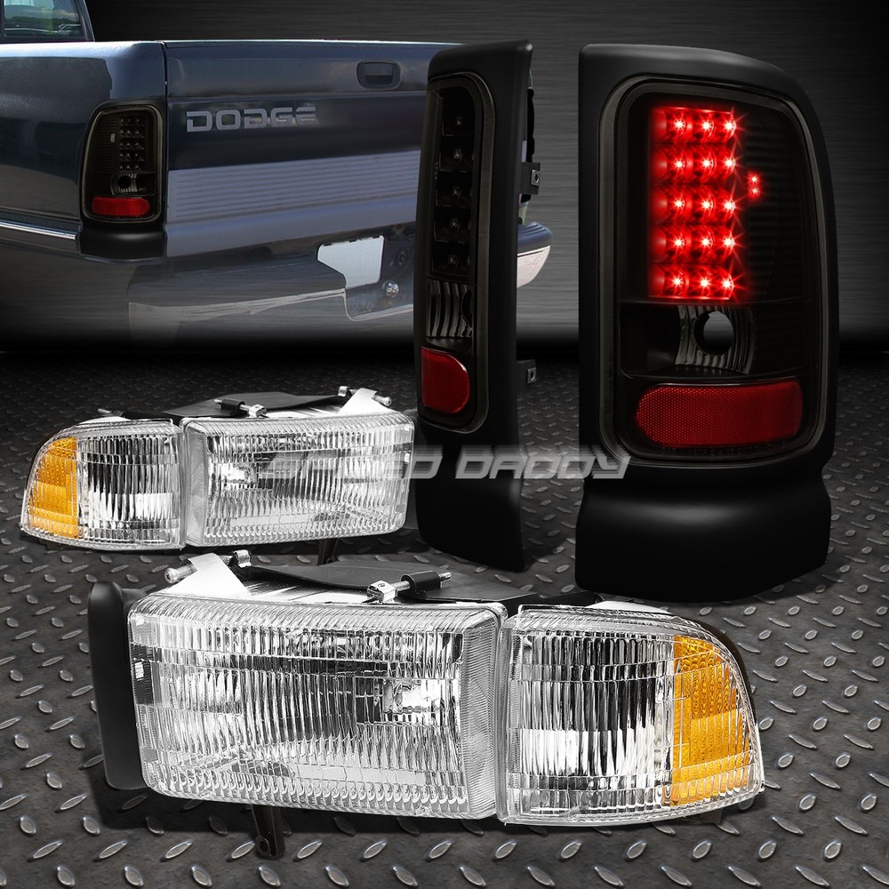 94-02 Dodge Ram Chrome Housing Headlight & Black Smoked LED Tail Light Combo