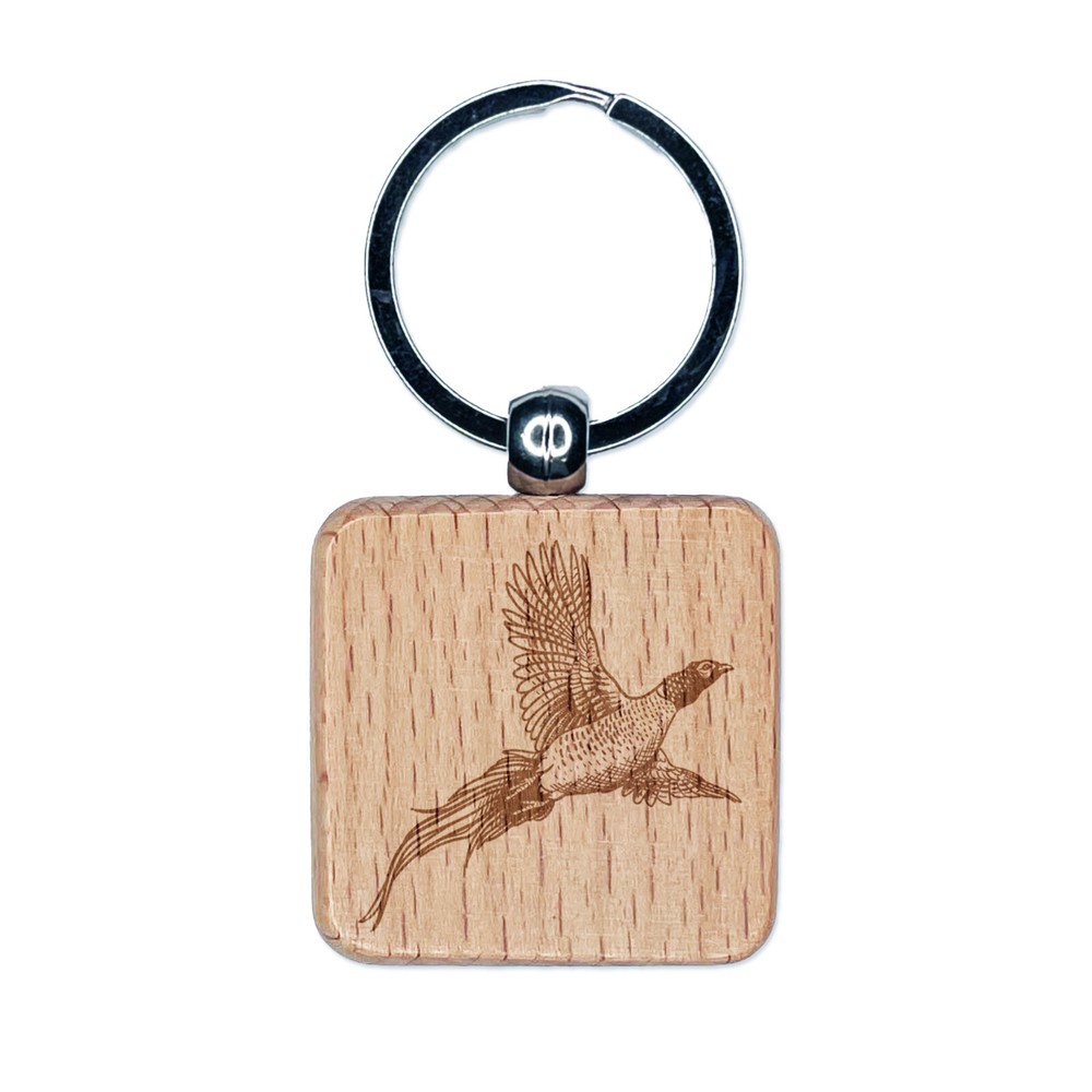 Pheasant Flying Engraved Wood Square Keychain Tag Charm