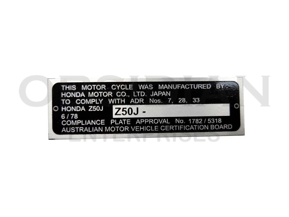 Honda Z50J Alloy Blank Name Plate - Honda 6/78 - Honda
