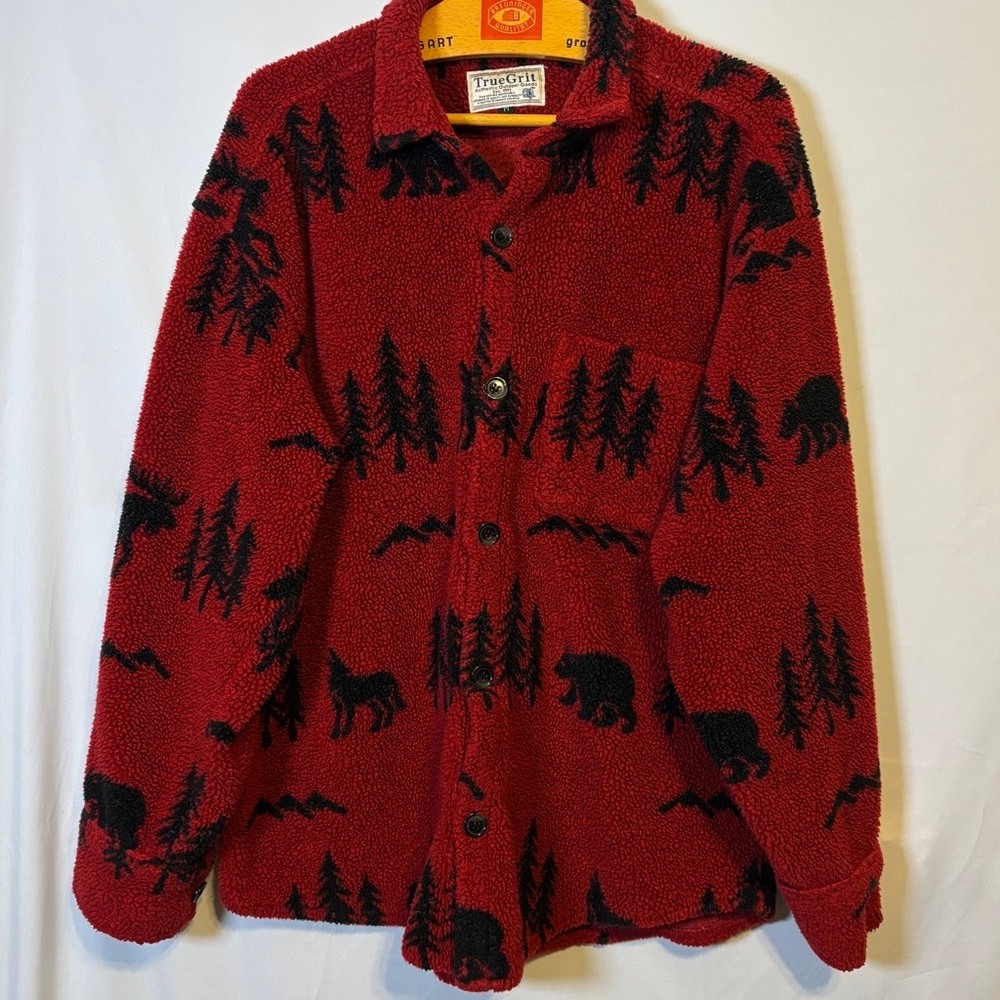 True Grit Sherpa Button Front Jacket Red Black Bear Cabin Lodge Oversized