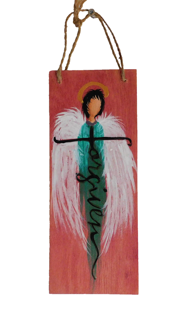 Angel Wood Mini Door Hanger Forgiven Ornament Wings Bible Verse Reversable