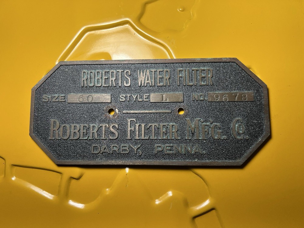 Vintage Brass Name Plate Plaque. Darby, Pennsylvania Roberts Water Filter Mfg Co