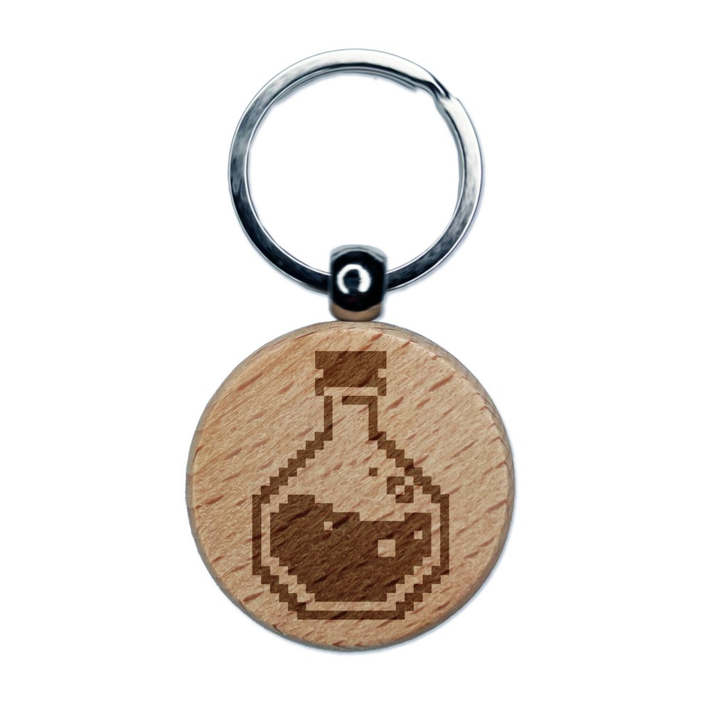 Pixel RPG Potion Health Mana Bottle Engraved Wood Round Keychain Tag Charm