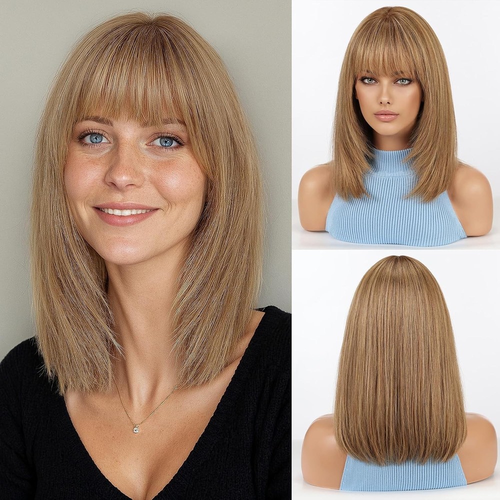 Light Brown Straight Bob Wig With Bangs 13x4 Lace Front 100% Human Hair Wig