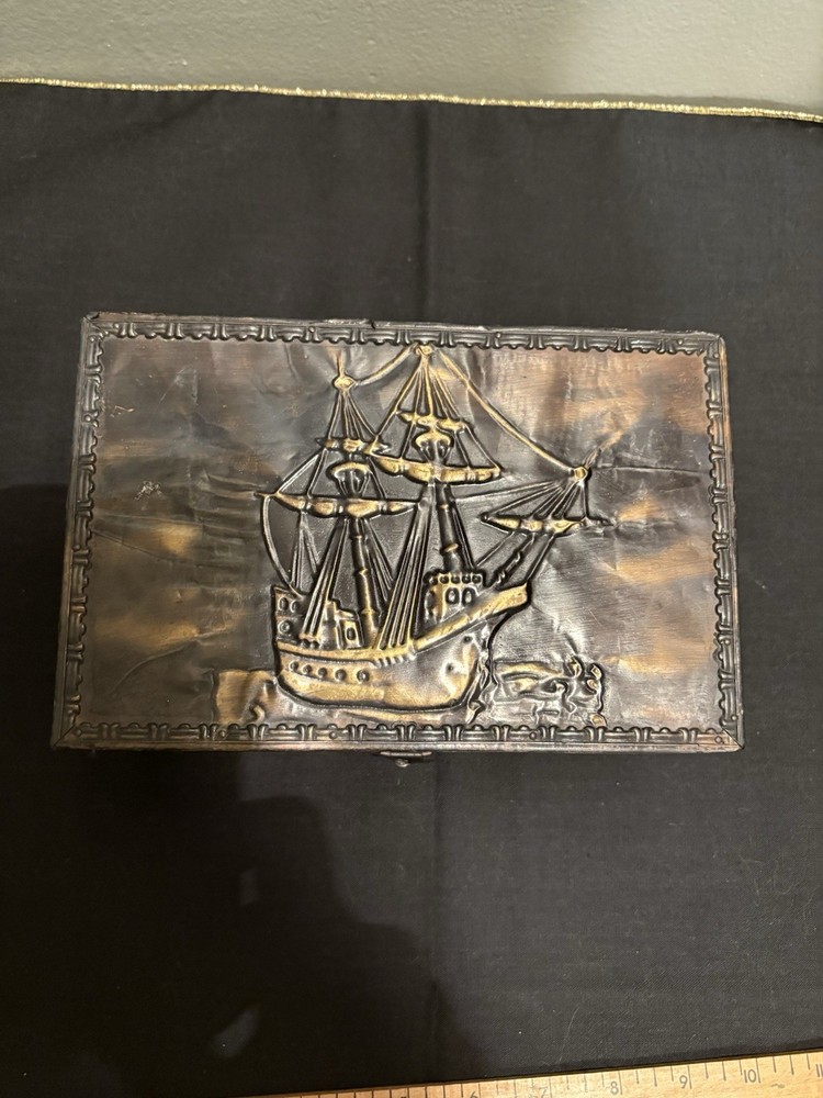 Wooden Jewelry Box with Sail Ship Design on Lid