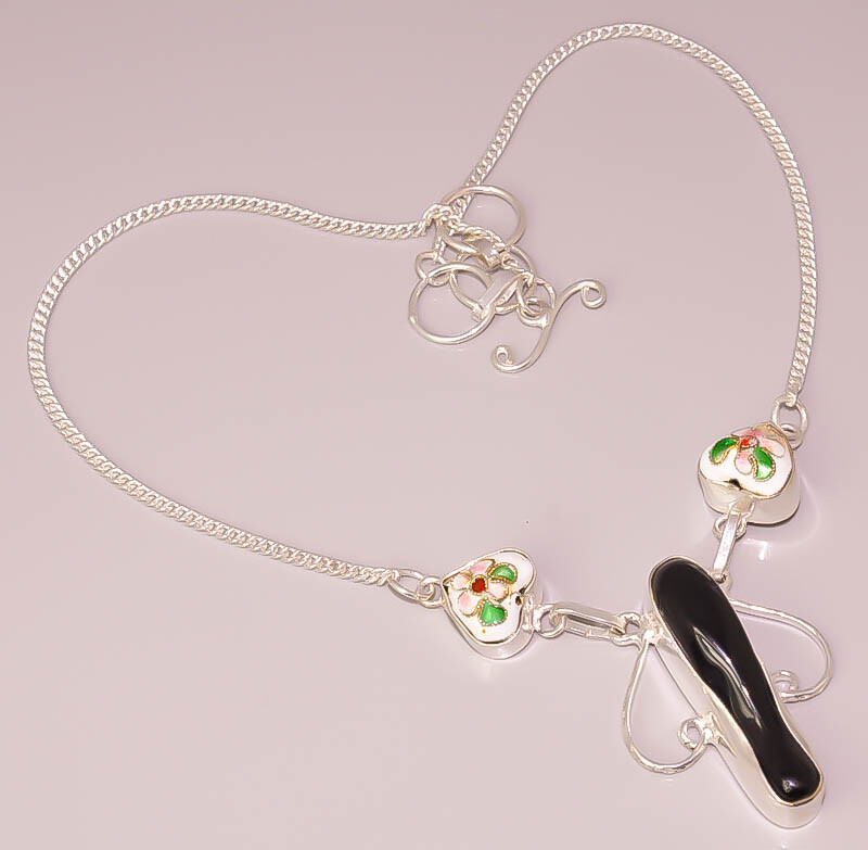 Black Onyx Dichroic Glass Women's 925 Sterling Silver Plated Necklace