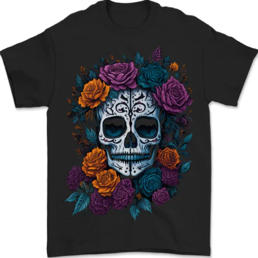 A Sugar Skull With Roses Day of the Dead DOTD Mens T-Shirt 100% Cotton