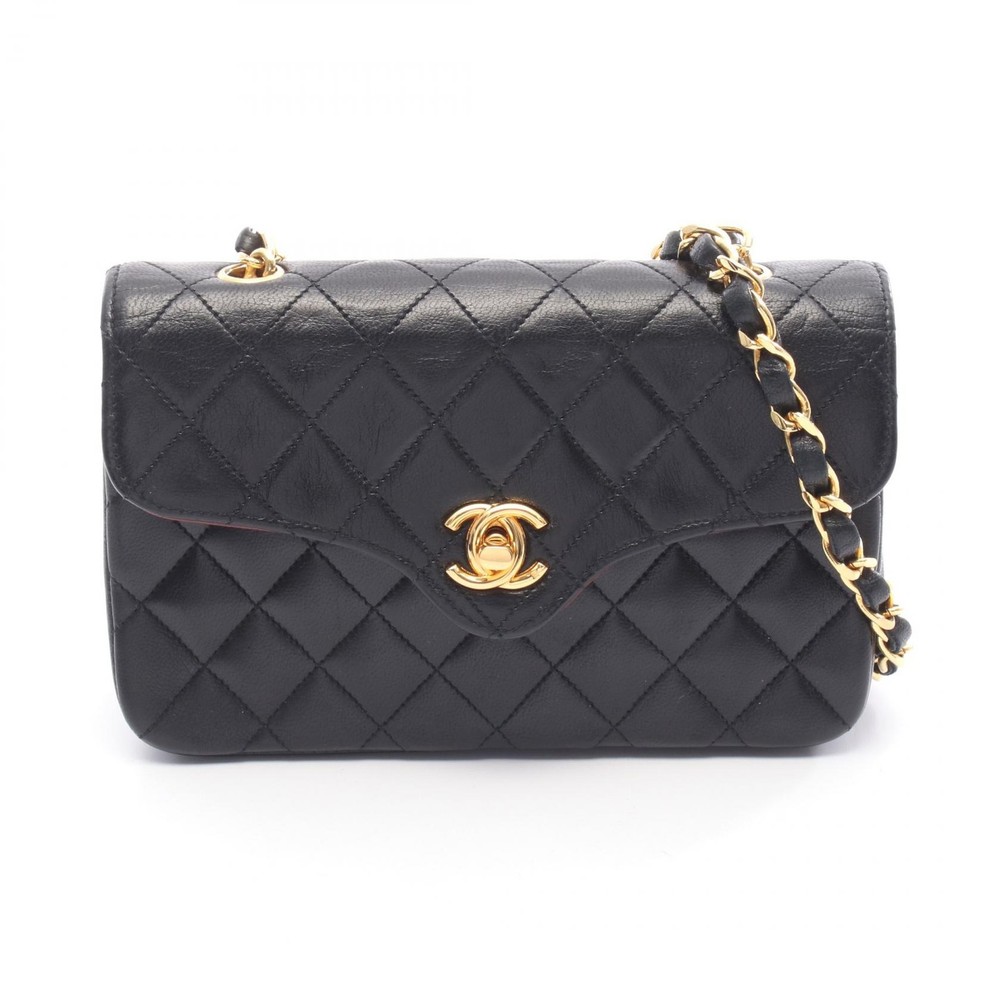 CHANEL Mini Matelasse Chian Shoulder Crossbody Bag Lamb leather Black GHW Used