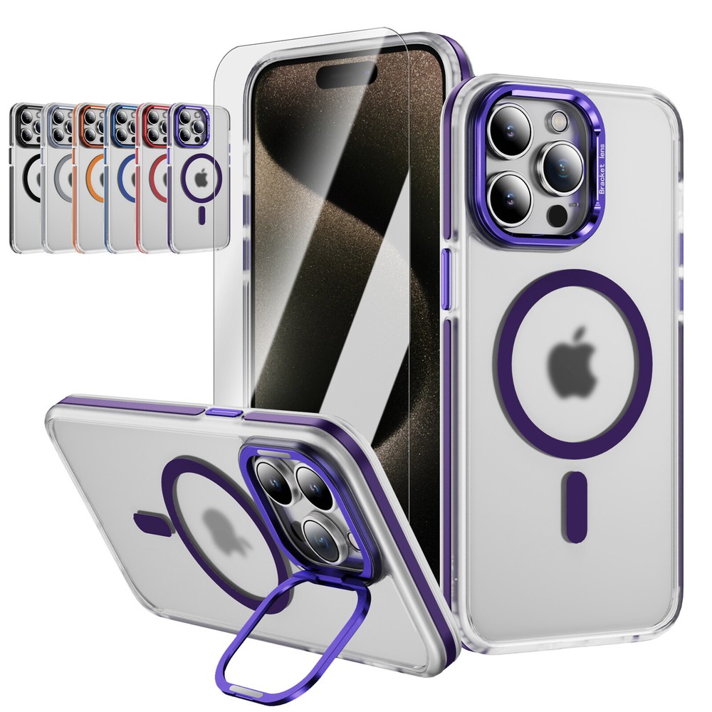 For iPhone 16 Pro Max 15 14 13 12 11 Magnetic Camera Stand Case + Screen Glass