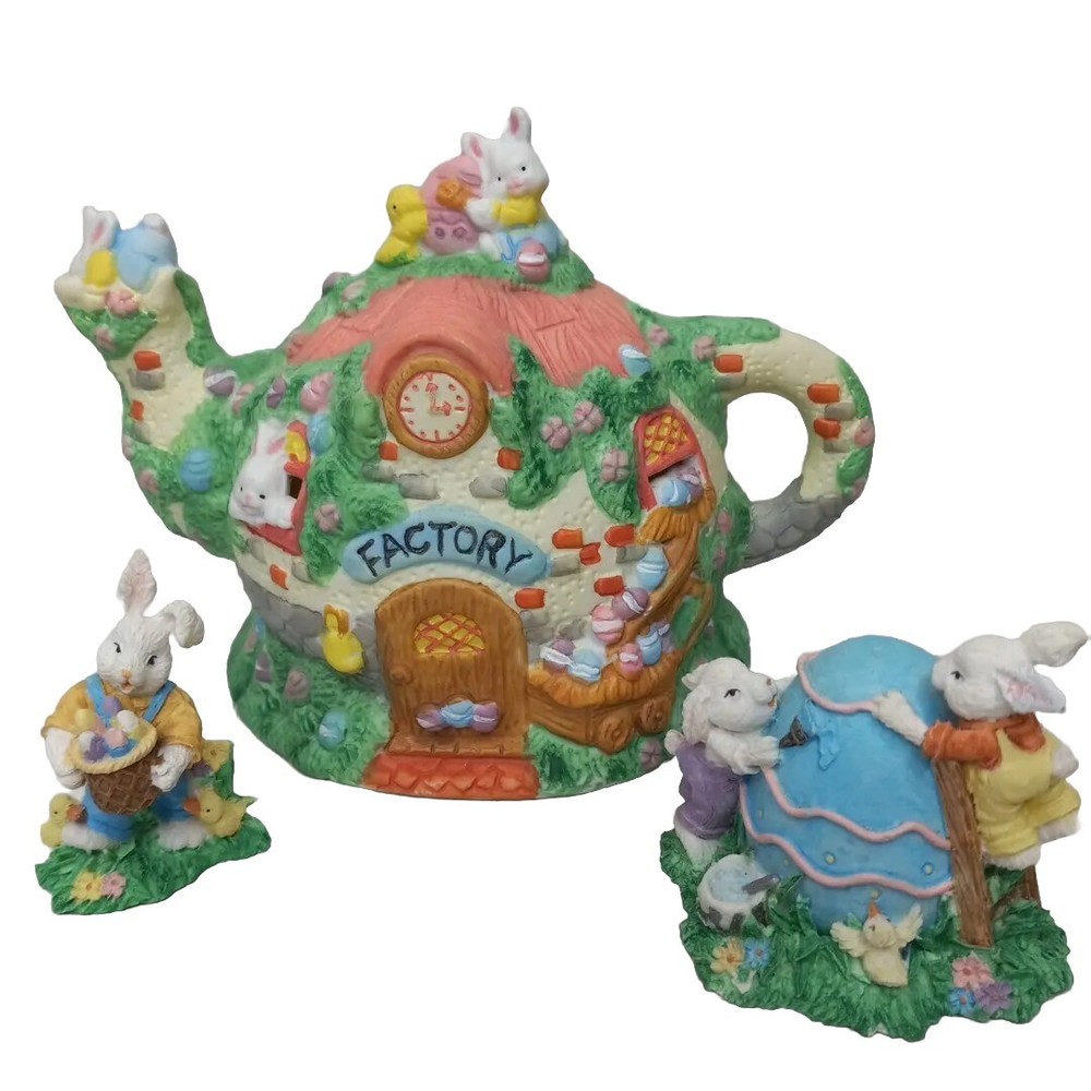 Vintage 1994 Happy Easter Bunny 4 Inch Village Factory & 2 Figurines