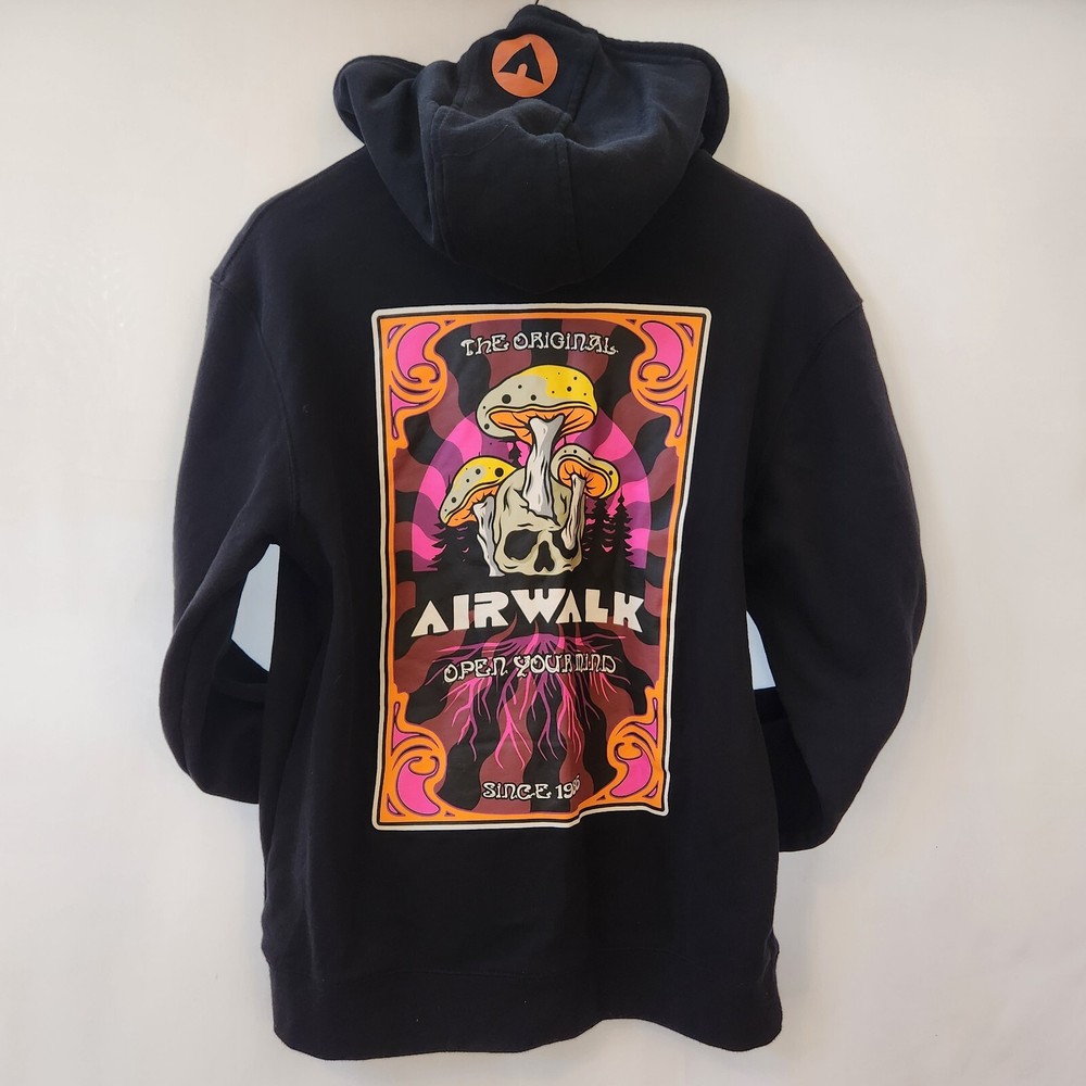 Vintage Y2K Airwalk Open Your Mind Black Hoodie Medium Mushroom Skull Grunge
