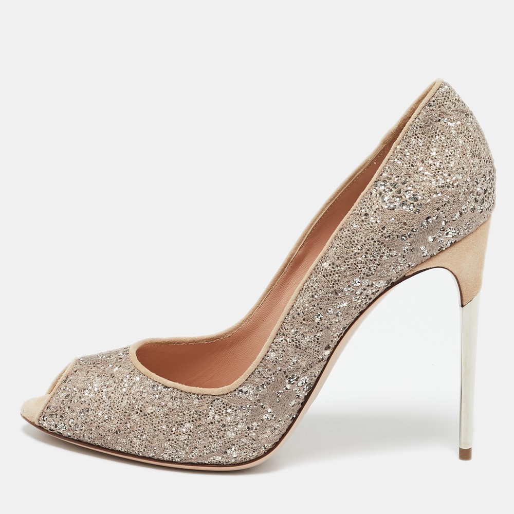 Sebastian Beige Silver Lace Glitter Peep Toe Pumps Size 40.5