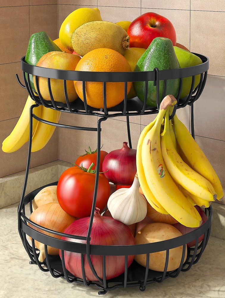 2 Tier Large Fruit Basket for Kitchen Counter with 2 Banana Hangers Black New