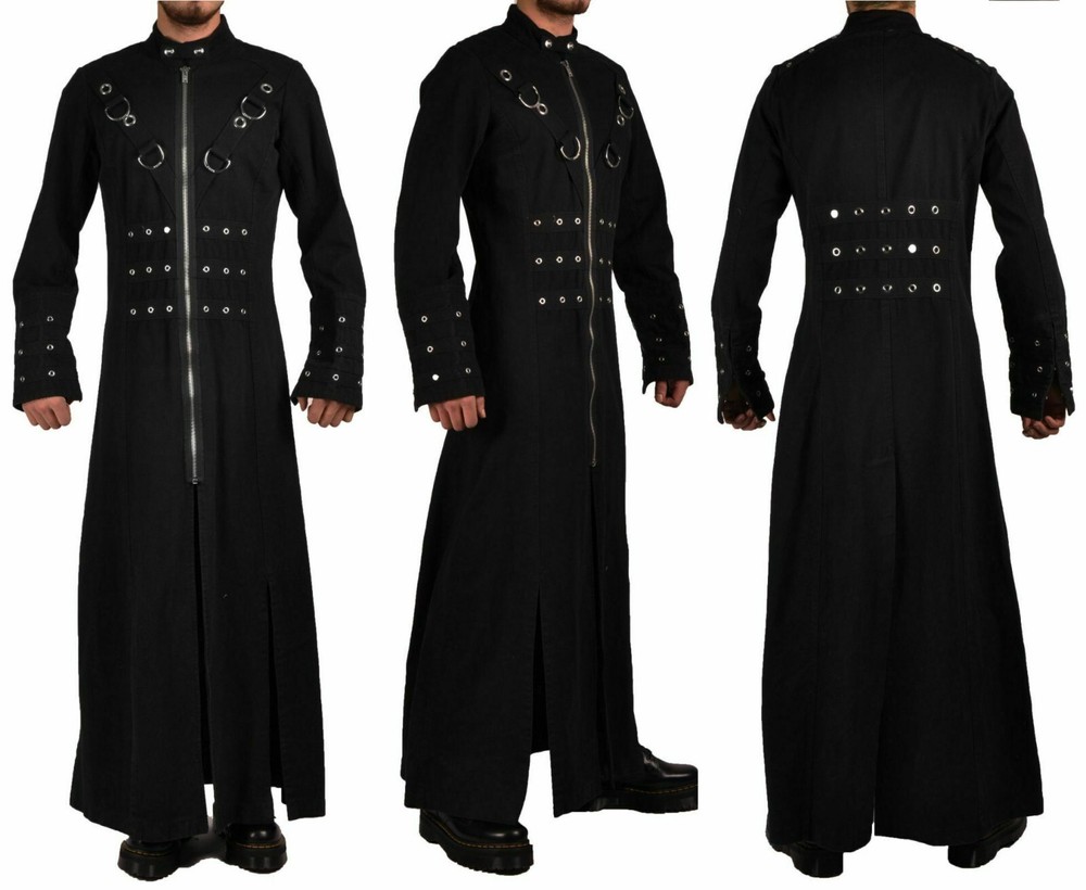 Men Gothic Long Trench Coat Black Cyber Punk Rock Industrial D-Ring Rivet Jacket
