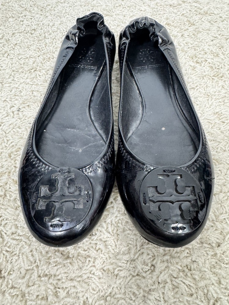 Tory Burch Minnie Travel Ballet  Slip On Shoes Flats Black Patent Leather Sz 7.5