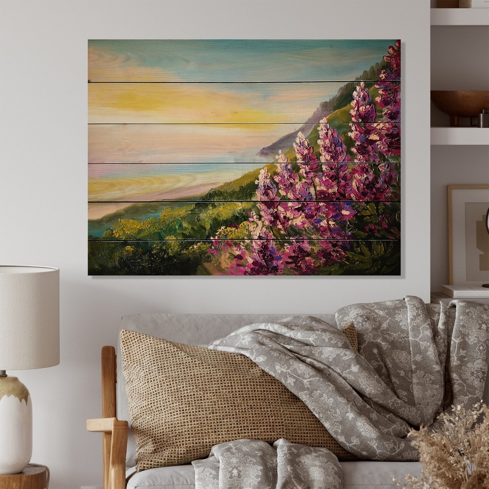Designart 'Purple Flowers In Coastal Scenery' French Country Wood Wall Art
