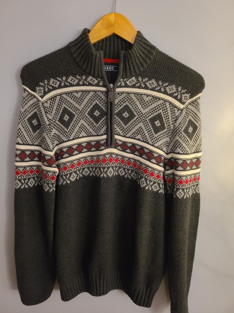 Izod Mens Fair Isles Sweater Size S Gray 1/4 Zip Pullover Mock Neck Nordic