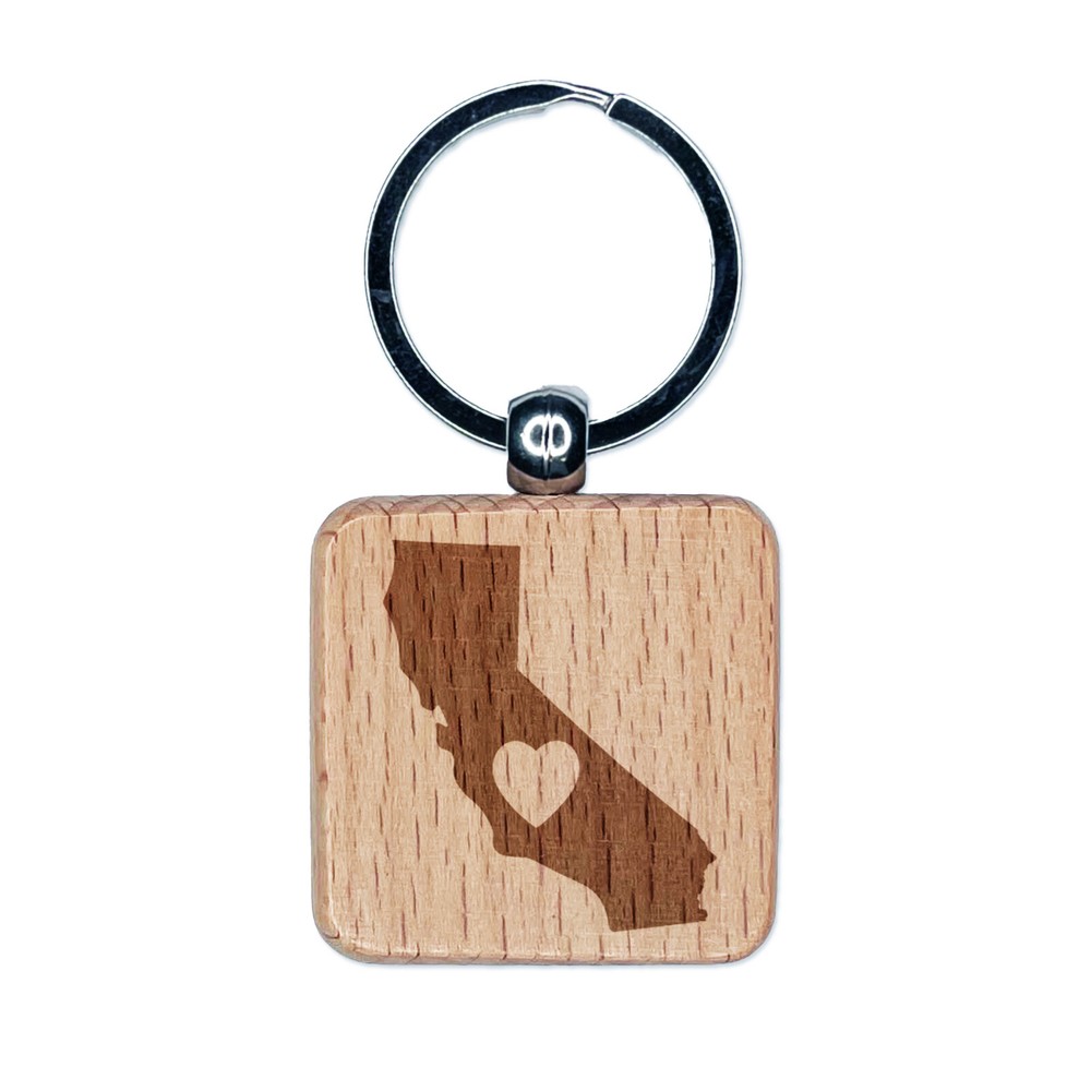 California Heart Engraved Wood Keychain Charm Tag  