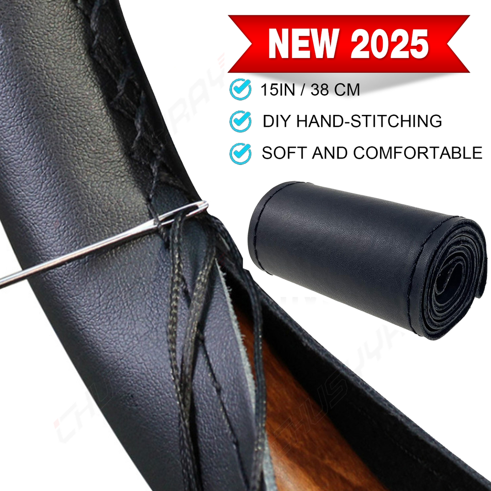 Custom Black Genuine Leather DIY Steering Wheel Cover Fits 14.5-15