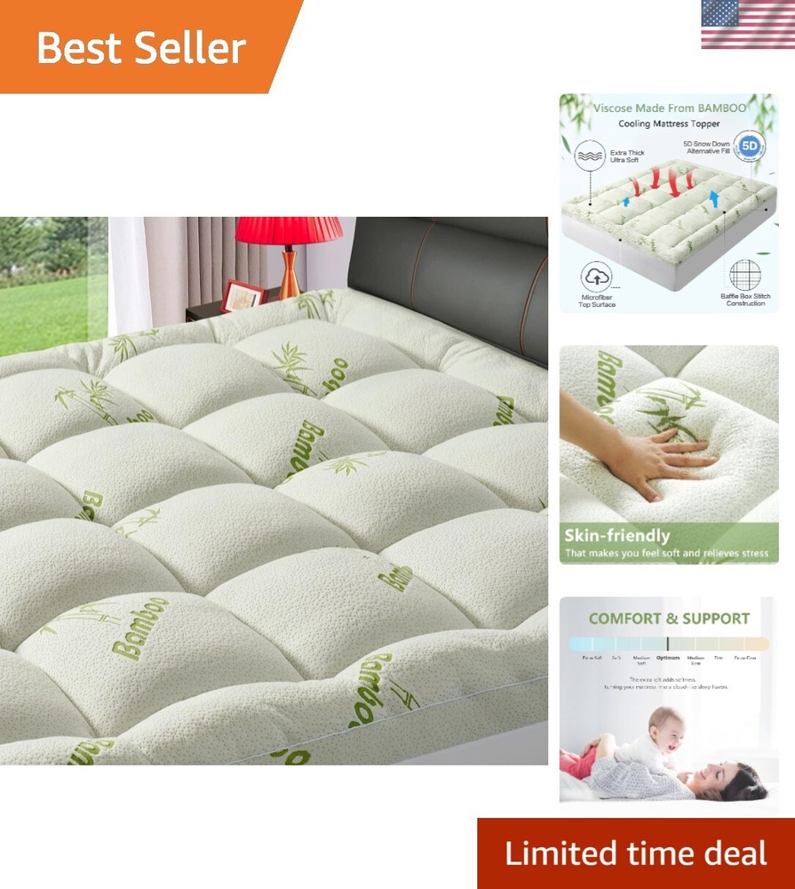 King Size Mattress Topper for Back Pain Relief - Extra Thick Quilted Viscose Fitted Pad  