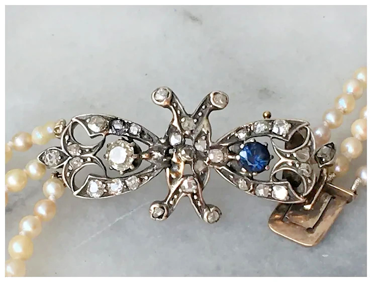 Antique Akoya Saltwater Pearl Sapphire Diamond Butterfly Necklace Triple Strand