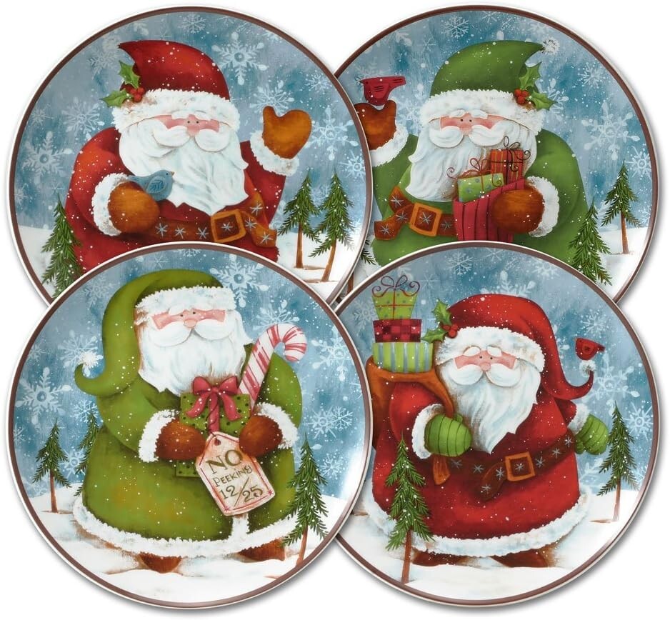 Evergreen Ernie Santa Salad Plates Set of 4, Blue White Green Red