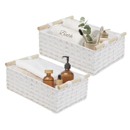 White Wicker Bathroom Basket for Toilet, Countertop, Pantry, and Stylish Storage Solutions