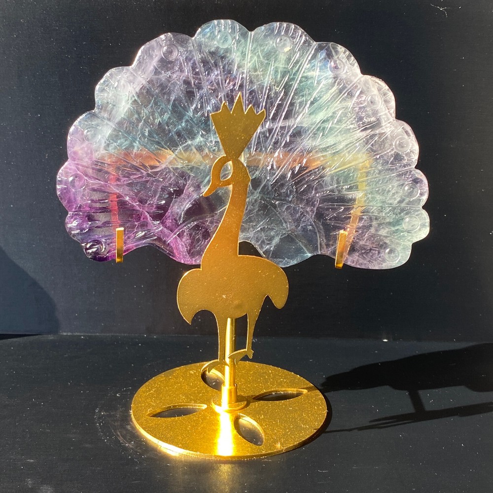 337g Natural fluorite Peacock Quartz Crystal carved skull Reiki Decor + Stand