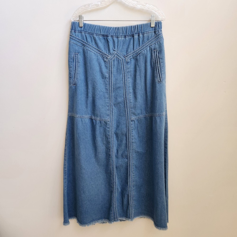 Ebossy Jean Skirt Women XL Blue Denim Maxi Elastic Hi Waist Frayed Hem Retro Y2K