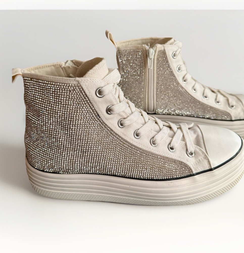 Steve Madden Rhinestone High Top Sneakers Women’s 9.5 White Platform Zip Sparkle