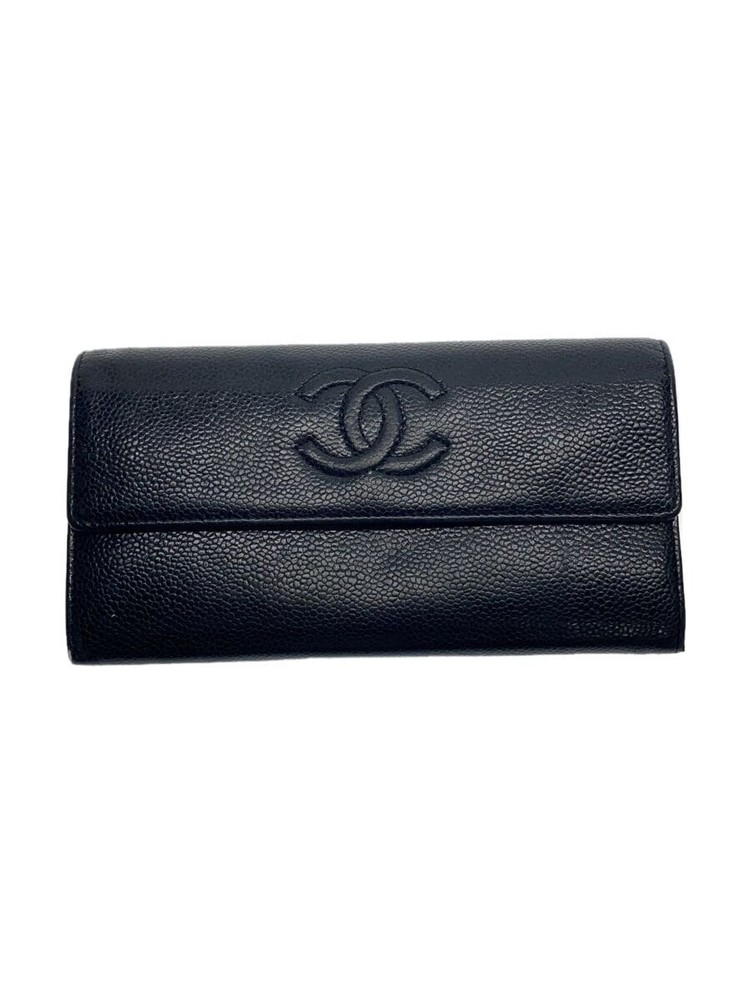 CHANEL Coco Mark CC Black Leather Long Flap Wallet Ladies Pre-Owned