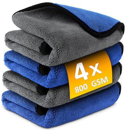 800GSM Microfiber Car Wash Towels 16x16 Inch Pack of 4 Blue Ultra Absorbent