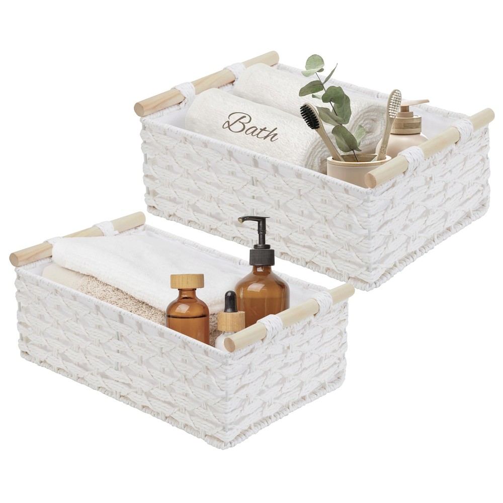 Space-Saving Bathroom Baskets Set of 2 for Toilet Organizer with Wall Hooks