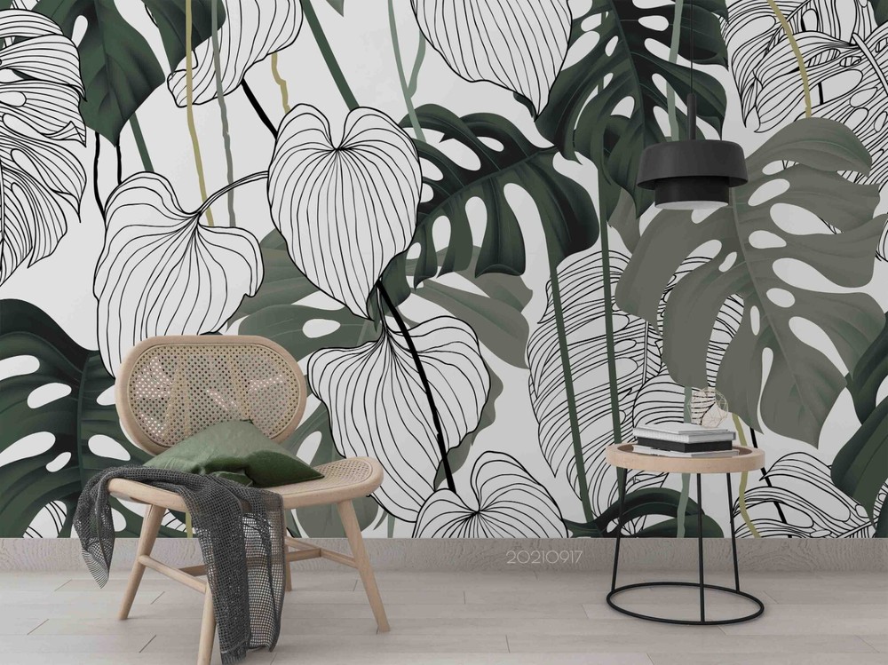 3D Hand Drawn Leaf Pattern Wall Murals Wallpaper Murals Wall Sticker