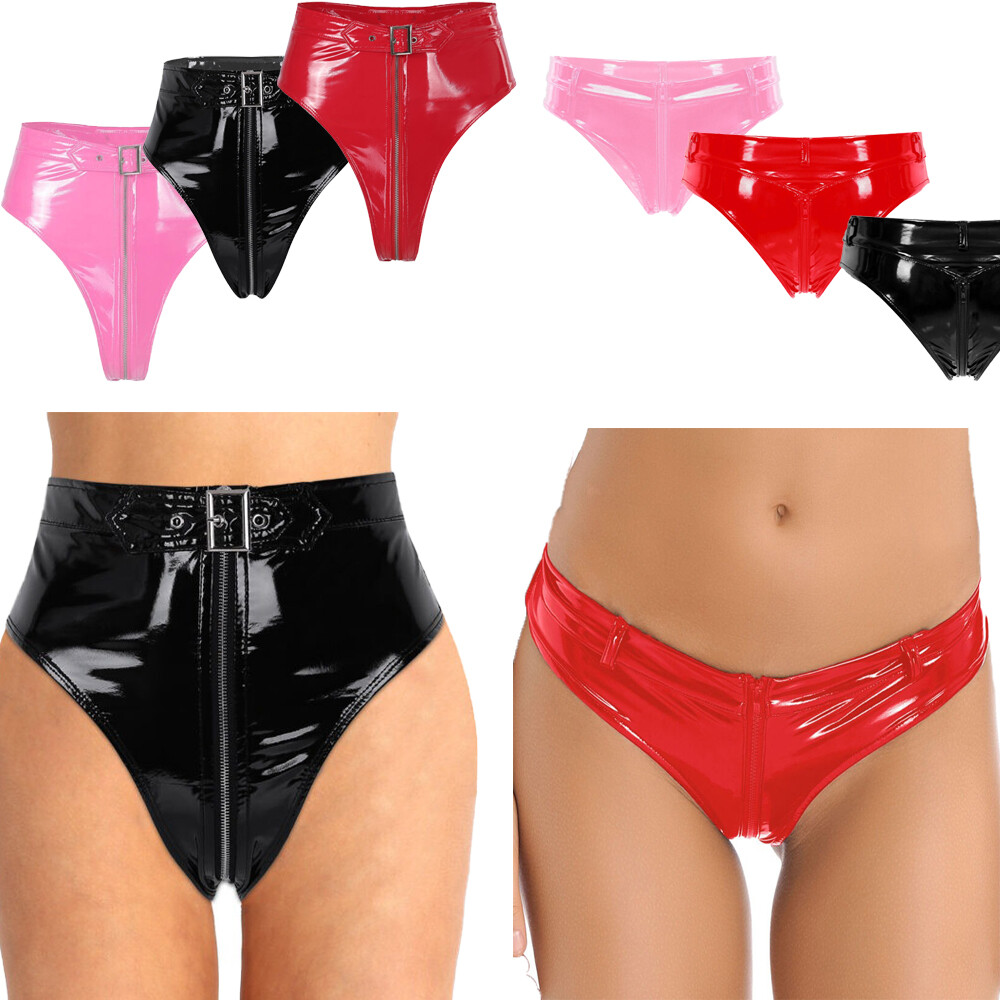 Women's Leather Underwear Hot Shorts Leopard Print Zipper Crotch Bikini Briefs