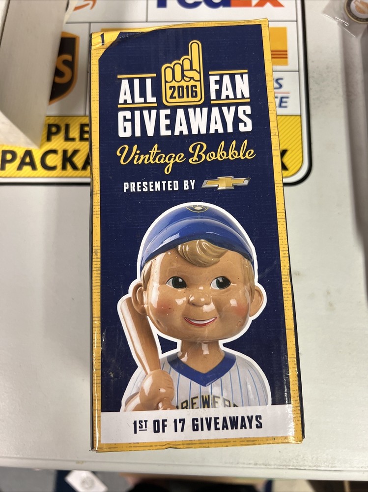 NIB 2016 VINTAGE BOY MILWAUKEE BREWERS BOBBLEHEAD SGA 4/10/16