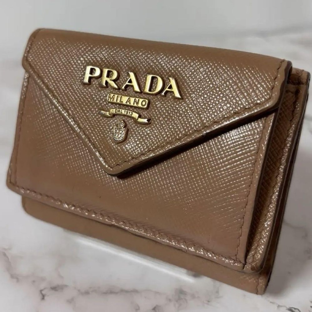 Prada Mini Leather Tri-Fold Wallet Unisex Gold Logo Vitello Daino Compact