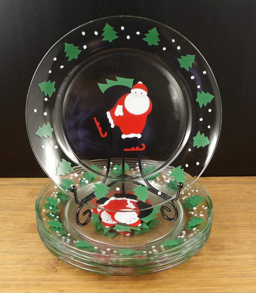 SET OF 6 Vintage ARCOROC SANTA ON SKATES Salad Dessert Plates Christmas Trees