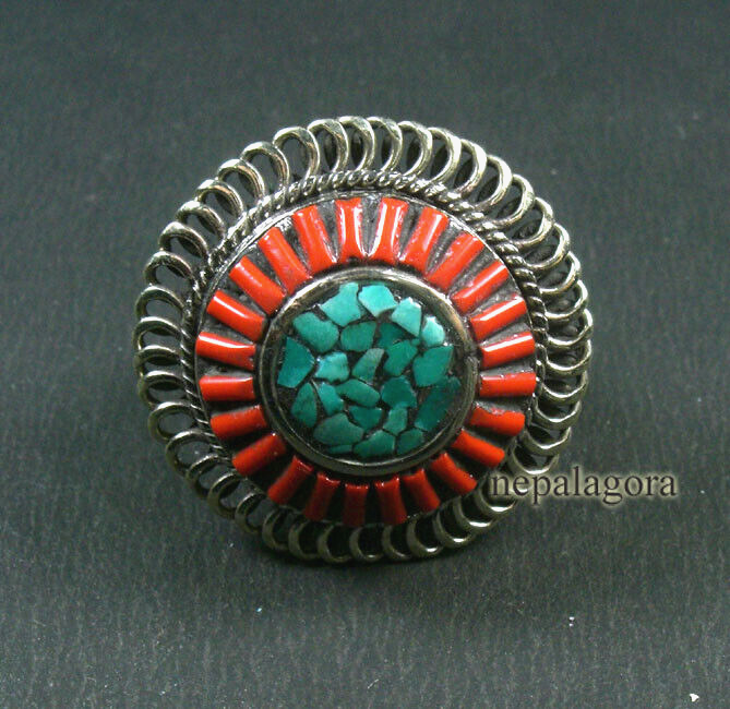 Handmade Turquoise Coral Glass Tibetan Silver Ring Size 10 Nepal Jewelry
