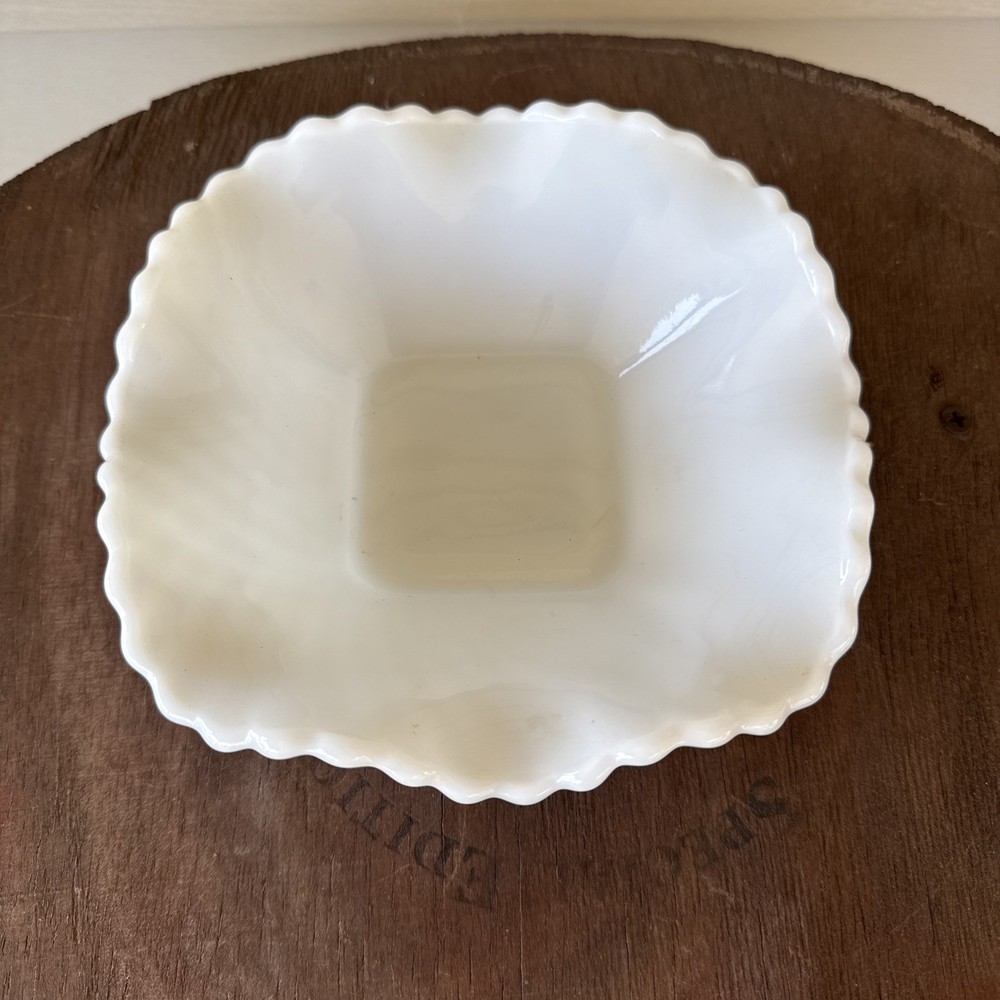 Vintage Hazel Atlas Diamond Ruffled Edge Milk Glass Candy Dish 6 Inch Square
