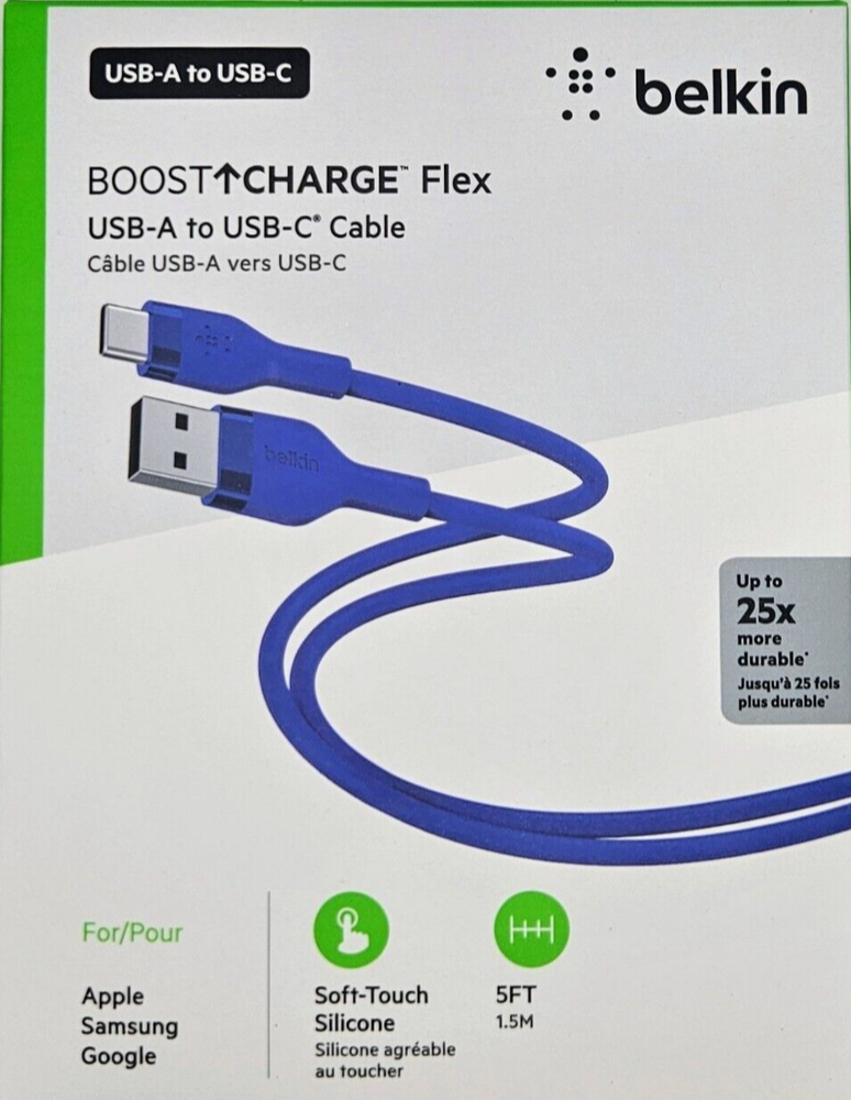 6 Belkin Boost Charge USB-A to USB-C 5ft Blue Silicone Cables